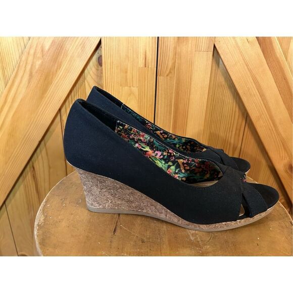Dexflex Comfort Womens Black Peep-Toe Wedge Heels Size 9.5 With Floral Insole - Picture 1 of 8